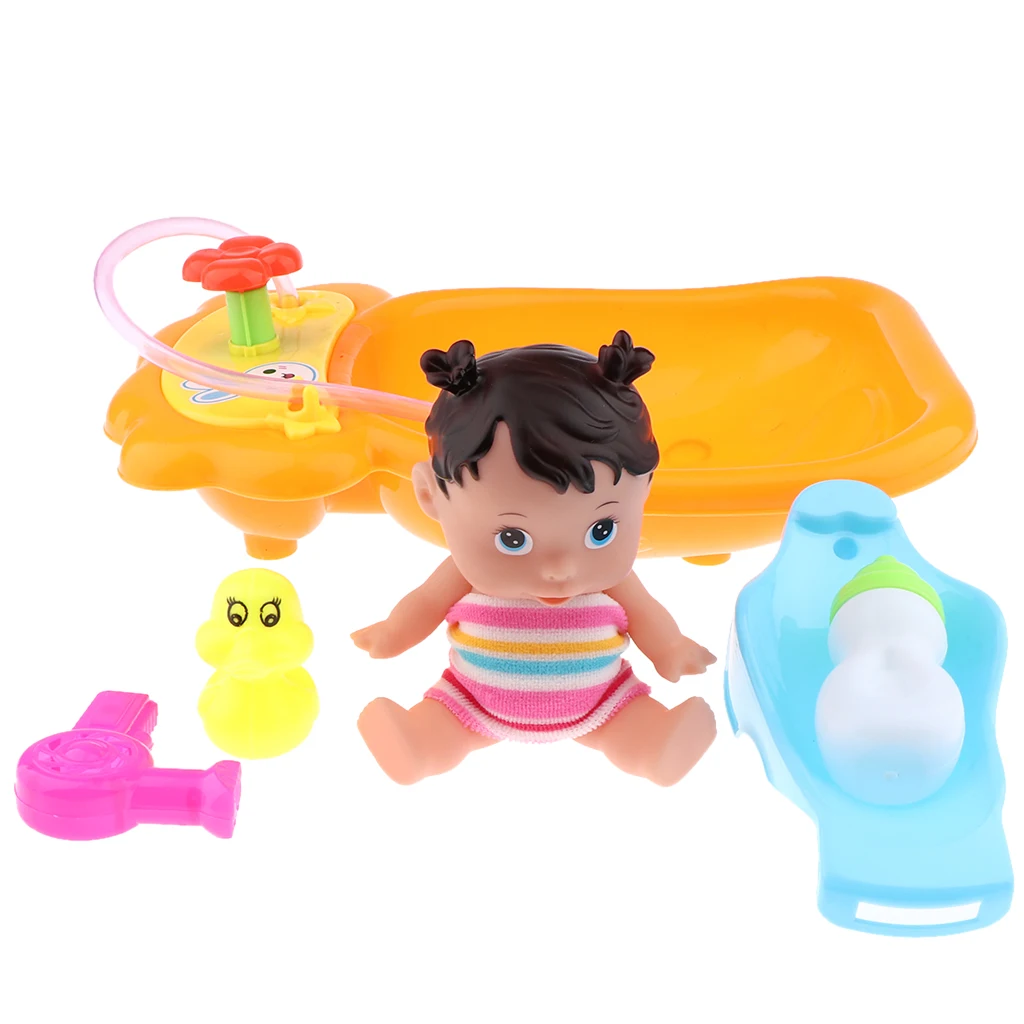 Bathtime Doll Bath Set Mini Bathtub Toy with Baby Doll Pretend Play Bath Toys Games for Kids