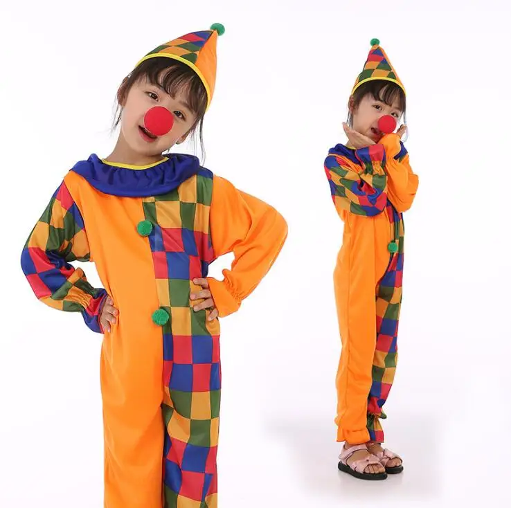 

New Children Kids Girl Boys Clown Cosplay Costume Jumpsuits & Rompers+Hat+Nose Halloween Performance Family Party