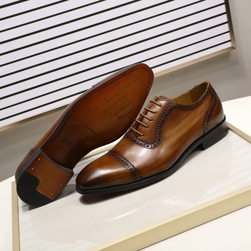 Felix CHU/мужские оксфорды из натуральной кожи с закругленным носком; броги для свадебной вечеринки; коричневые модельные туфли; Мужская деловой официальный офисный обувь