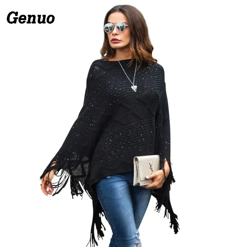 Genuo Women's Knitted Sweater Capes Elegant Sequin Tassel Knit Shawl Cloak Ladies Autumn Geometric Loose Poncho Sweater Pullover