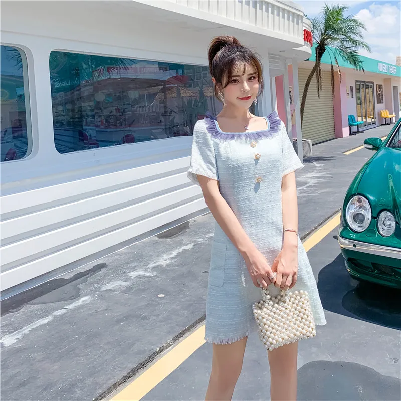 

New Summer Vintage Women dress Slim Square Collar Small Sweet Dew Wind Collarbone Socialite French Dresses 1039