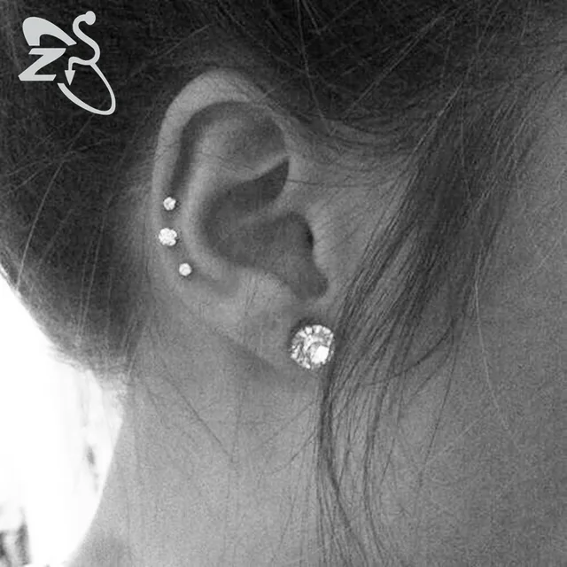 Online Surgical Steel Earrings Round Cubic Zirconia Ear Studs Image