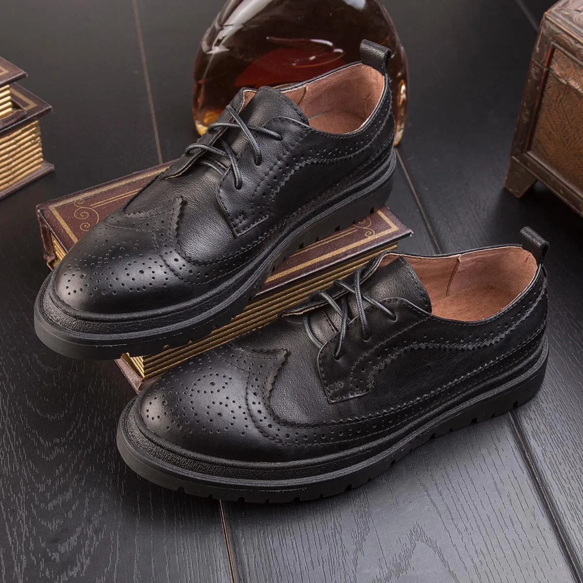Tallado marrón Zapatos Otoño Casuales Los Derby Brock Negro Inglaterra Gruesa De Nueva Cuero Retro Hombres zS6E4tn