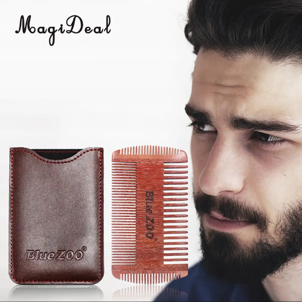 Anti Static Natural Sandalwood 4 Sided Fine Coarse Teeth Men Beard Mustaches Grooming Shaving Comb with PU Leather Bag Case