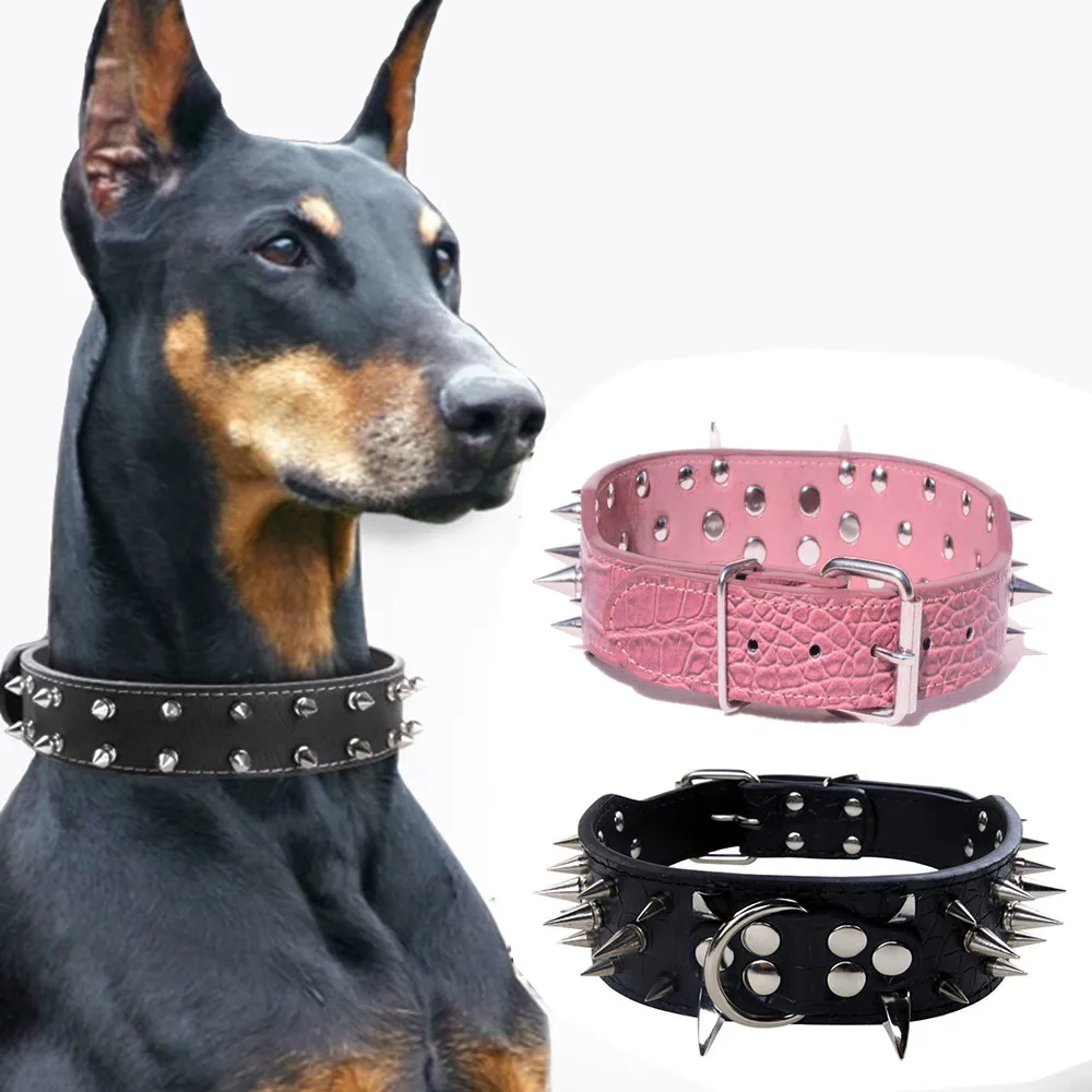 

PU Leather Pet Pitbull Dog Collars Cool Silver Pink Black Spiked Inlay Leather Dog Collar For Medium Dogs Adjustable M/L
