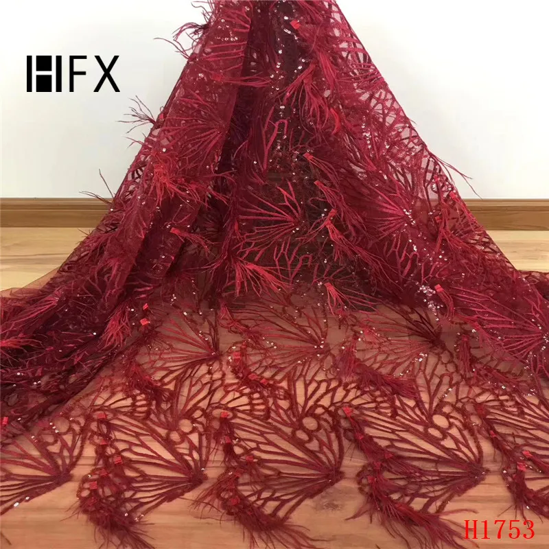 

African Luxury Lace Fabric 2019 High Quality Lace 3D Handmade feather Sequins Lace French Mesh Lace Fabric for Wedding Red F1753