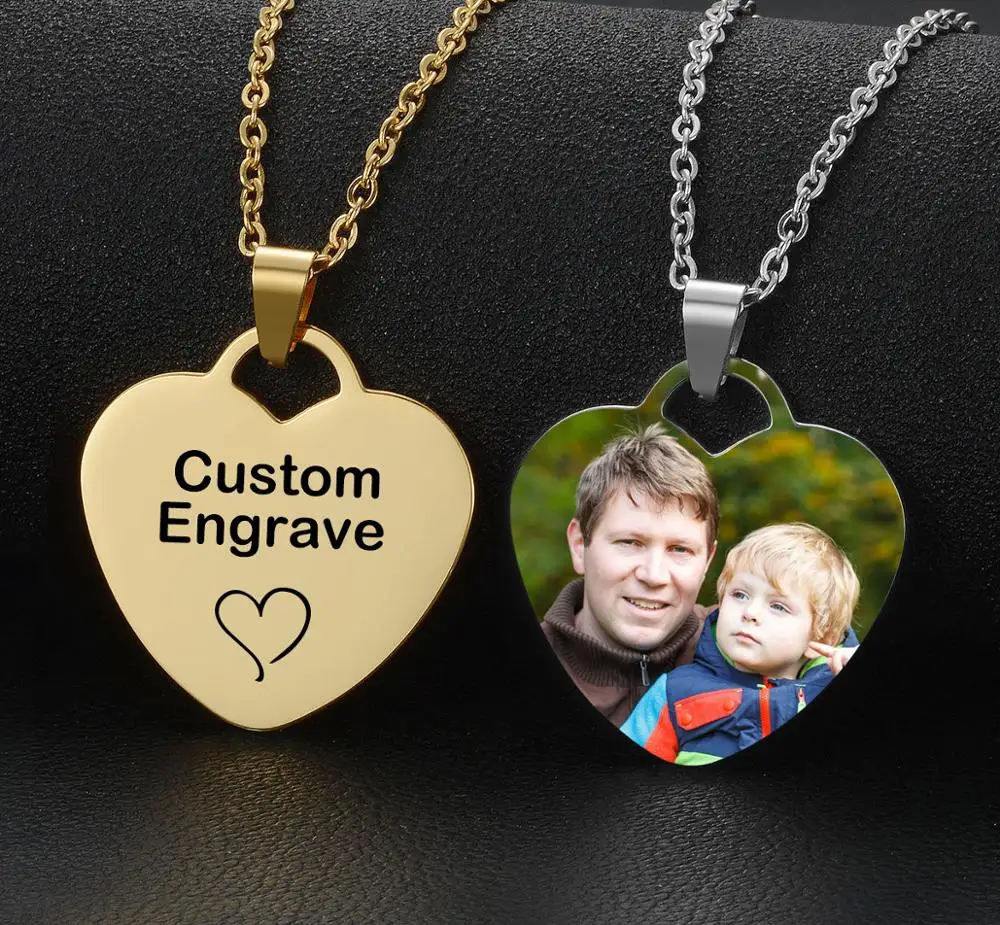 

Customized Necklaces Printed Colorful Photo Name Engraved Stainless Steel Heart Pendant Chain Necklace Jewelry For Women ID Tag
