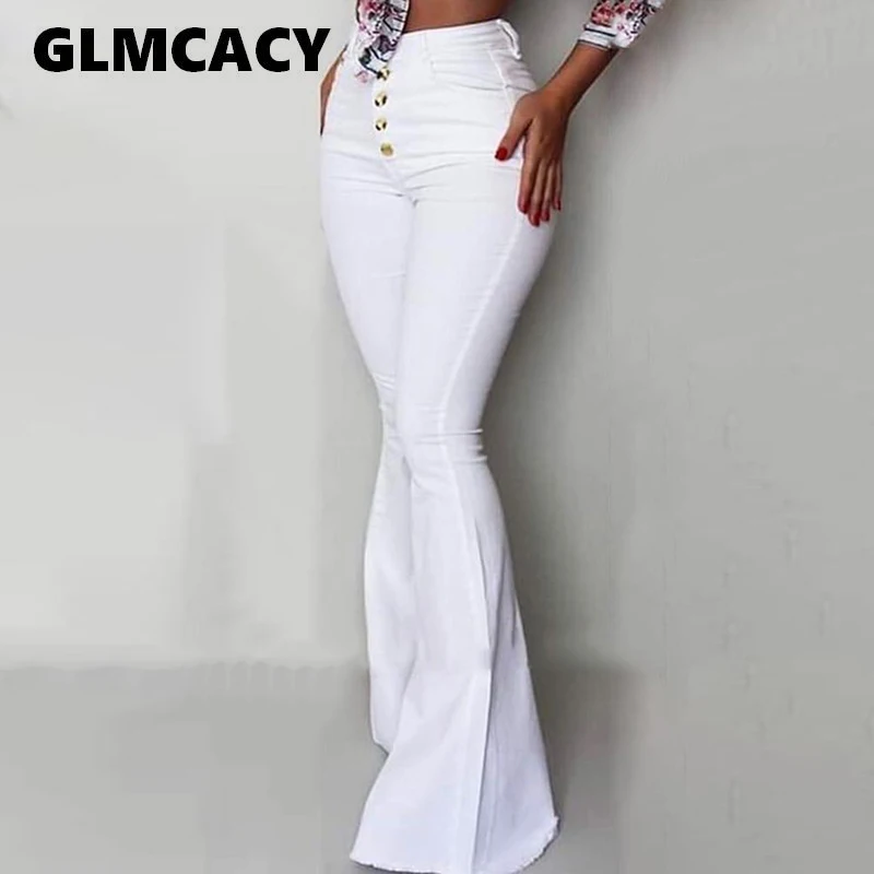 

Women Buttoned Bell-Bottom High Waist Pants Women Solid Slim Fit White Flare Pants Summer Elegant Workwear Patalon Trousers