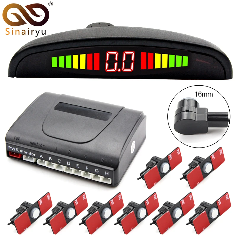 Sinairyu16mm Original Flat Parking Sensor, Car LED Parking Sensor Front Rear 8 Sensors For All Cars Reverse Radar Monitor System