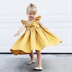 2018 Новый Однотонная одежда пляжное платье для девочек платье галстук-бабочка платье принцессы желтый розовый младенческой милый летняя