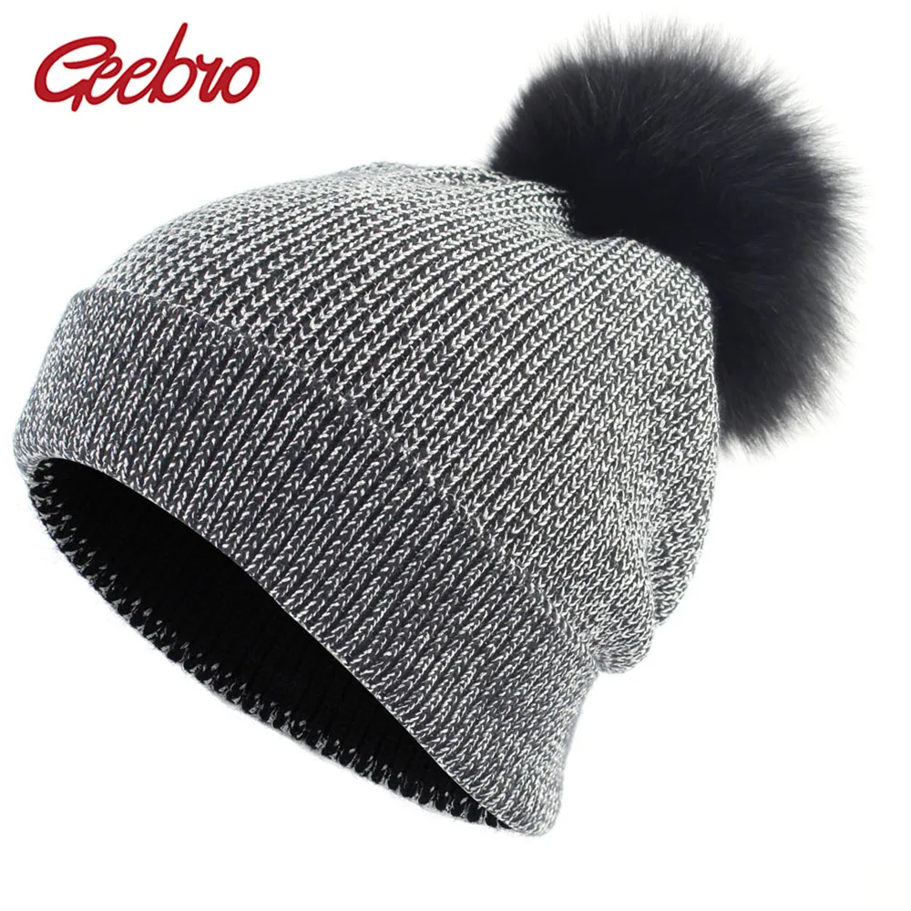 Geebro Женская Шапка-бини с лисьим помпоном, зимняя вязаная громоздкая шапочка для женщин, женские облегающие шапки с натуральным меховым помпоном DQ841A