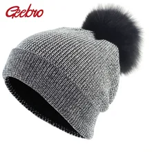 Geebro Женская Шапка-бини с лисьим помпоном, зимняя вязаная громоздкая шапочка для женщин, женские облегающие шапки с натуральным меховым помпоном DQ841A