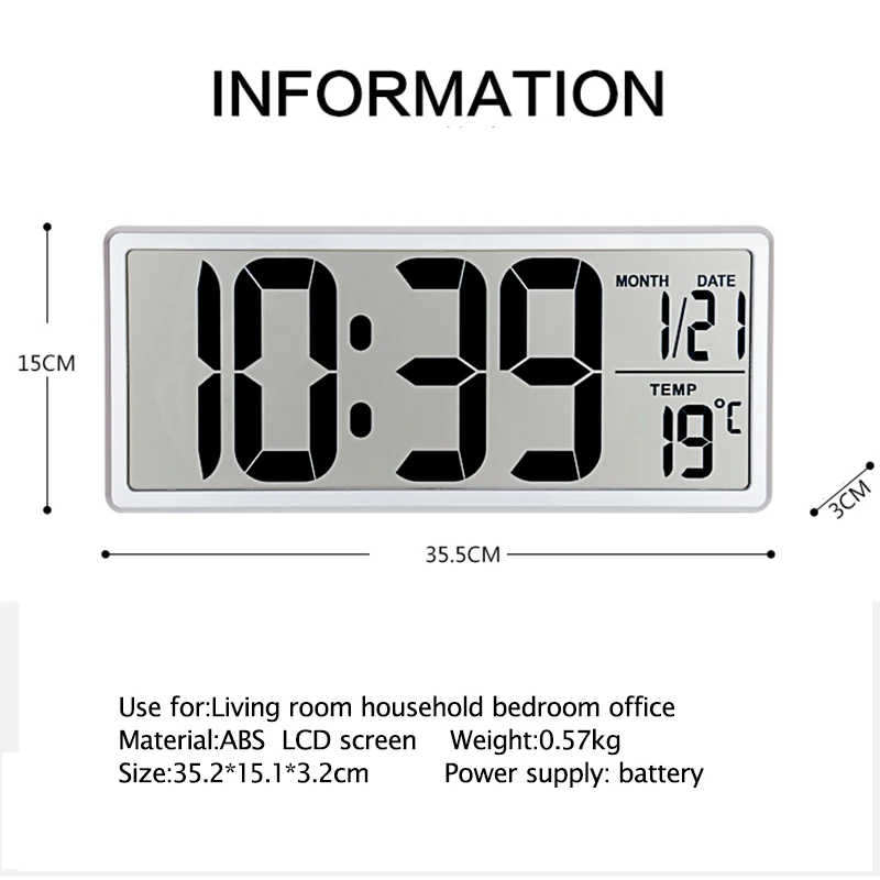 

LCD Display Alarm Snooze Calendar Indoor Temperature Display Extra Large Vision Digital Alarm Clock 13.8 Inch Wall Table Clock