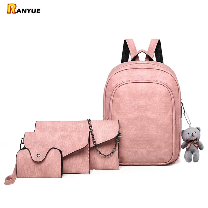 

4Pcs/Set Pink Small Backpacks Female School Bags For Teenage Girls PU Leather Women Backpack Shoulder Bag Purse Mochila Black