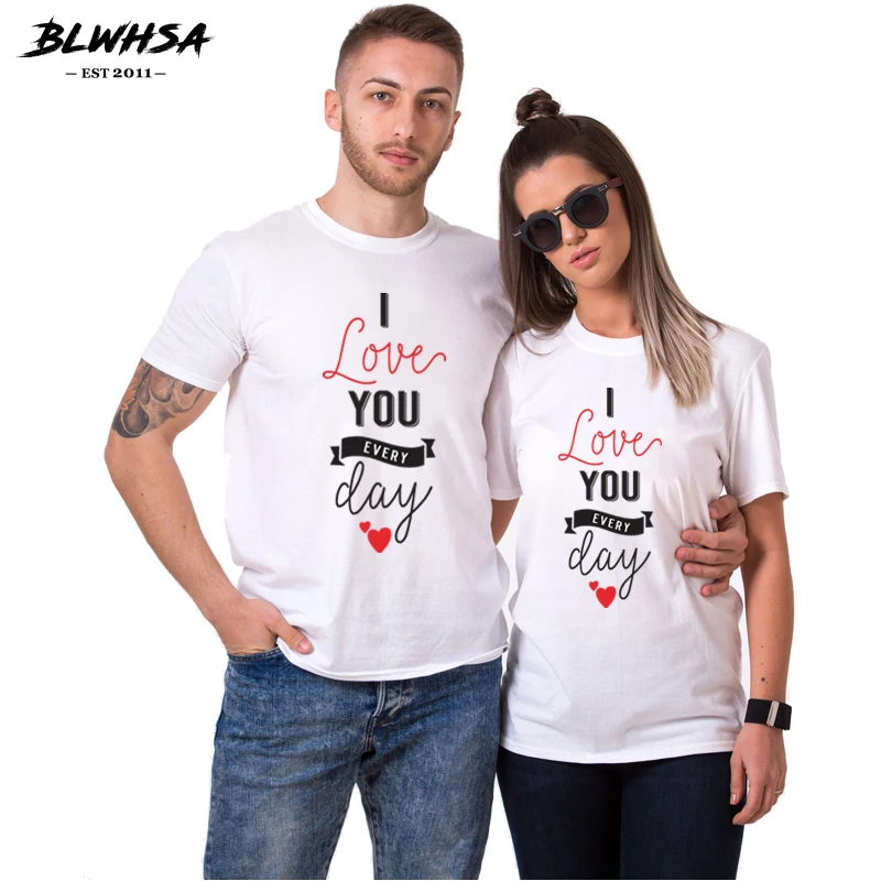 

BLWHSA Couple T shirt Women Casual 100% Cotton Printing Love You Ever Day Fashion Men Couple T shirt For Lovers Tops Tee