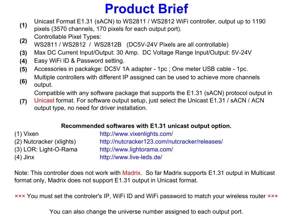 Wifi WS2811/WS2812B контроллер; беспроводной E1.31(sACN) вход данных; выход сигнала SPI(для WS2811/WS2812B пикселей