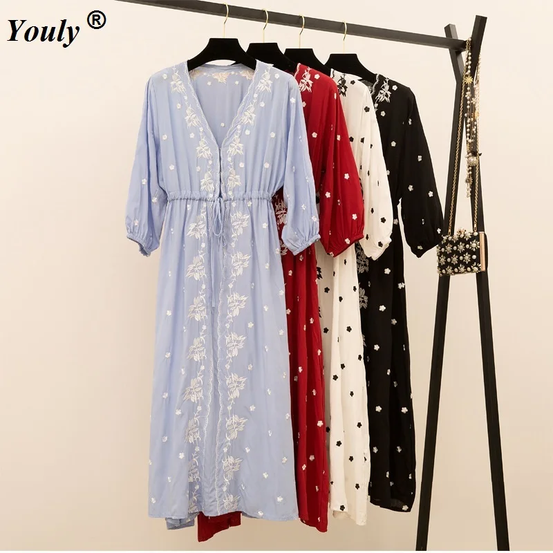 Embroidery Vintage Beach Midi Dress Swimwear Ladies Cotton Slim Casual Tunics Kaftan Beach Dress gravida Summer Boho Dress