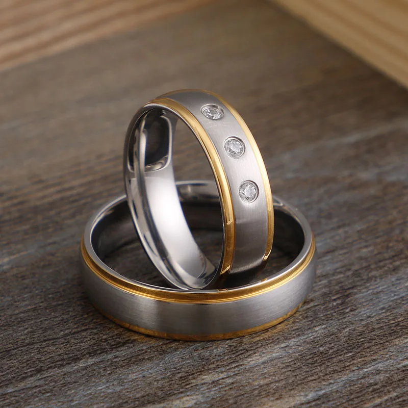 Matte Finished Silver&Gold Color Stainless Steel Couple Rings CZ Stones Wedding Rings for Women Men Anniversary Alliance Jewelry