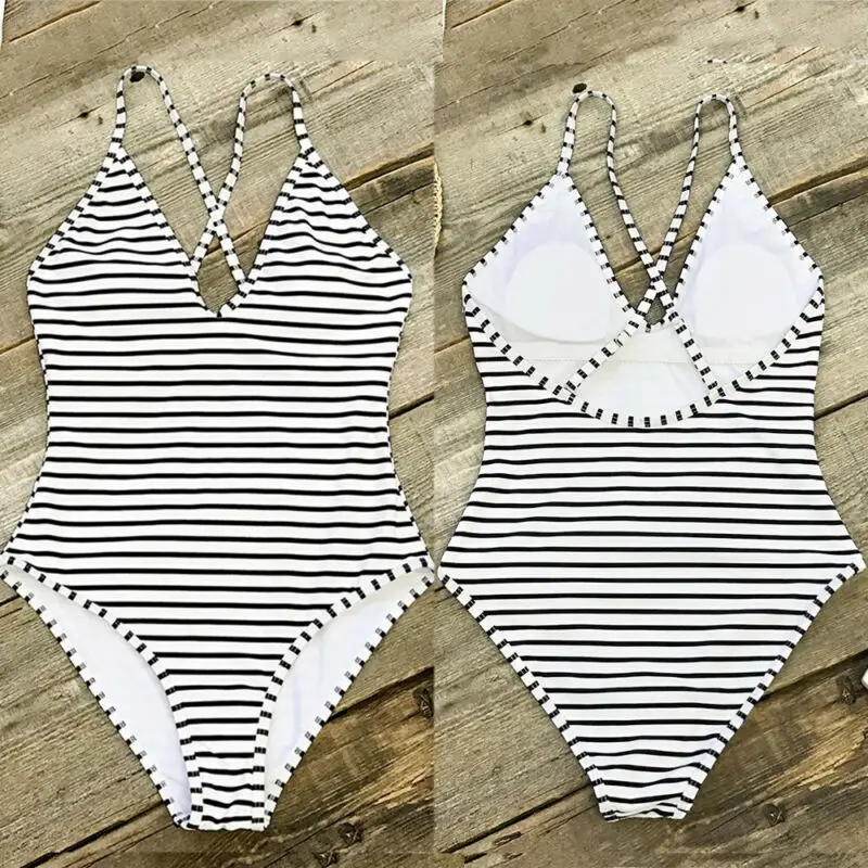 

Padded One-Piece Monokini Swimwear Women Summer New Striped Swimsuit Bikini
