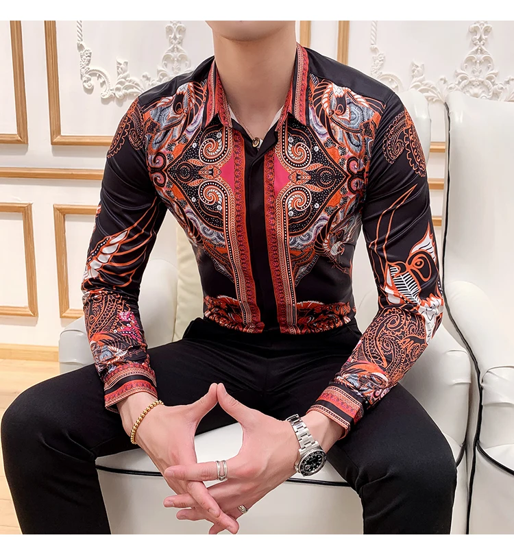 Корейские модные новые Клубные рубашки Camisa с принтом, мужские повседневные Атласные Рубашки, дизайнерская мужская футболка с цветами