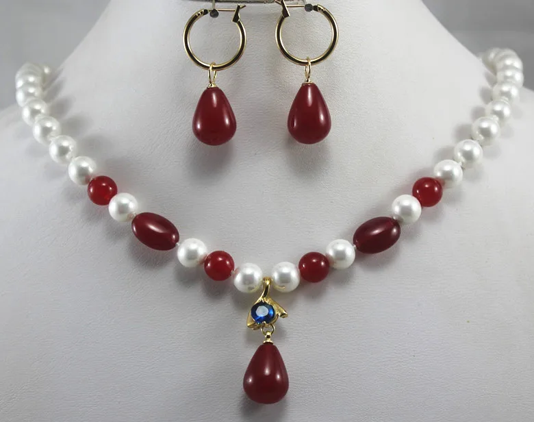 

lady's 8mm nice white shell pearl and redjade necklace +red jade earrings jewelry set 5.31