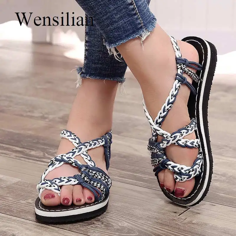 

Rome Woman Sandals 2019 Summer Patchwork Rope Flat Sandals Lady Comfy Beach Shoes Woman Outdoor Slides Slippers Sandalias Mujer