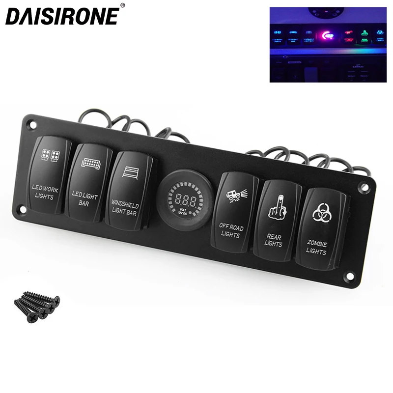 

12v 24v Universal 6 Gang Rocker Switch for Car Marine Boat Circuit Breakers Voltmeter LED Light Rocker Switch Panel Circuit
