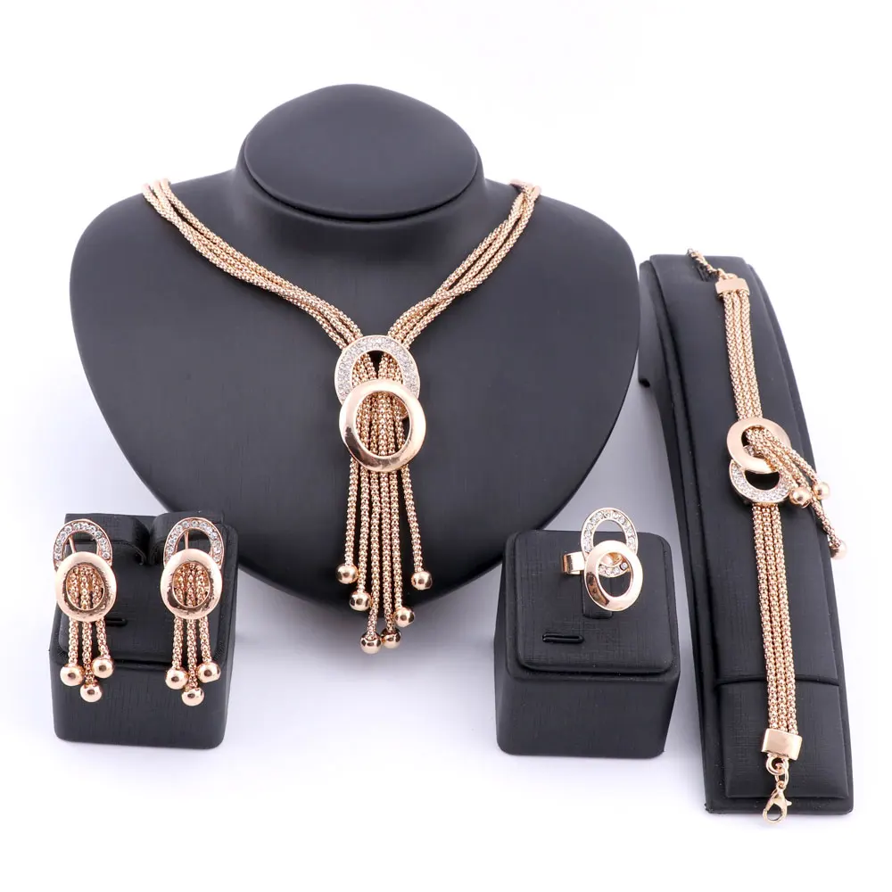 Trendy Fine Tassel Jewelry Set For Women Gold Color Beads Collar Necklace Earrings Bracelet Fine
