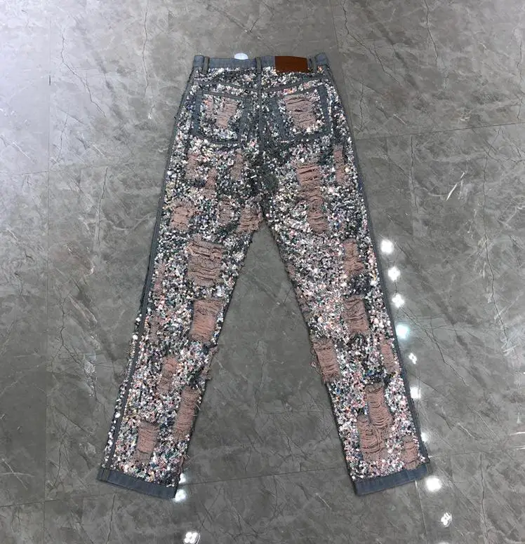 

2019 spring and summer new women's handmade nails shiny beads boyfriend wind torn jeans 0611