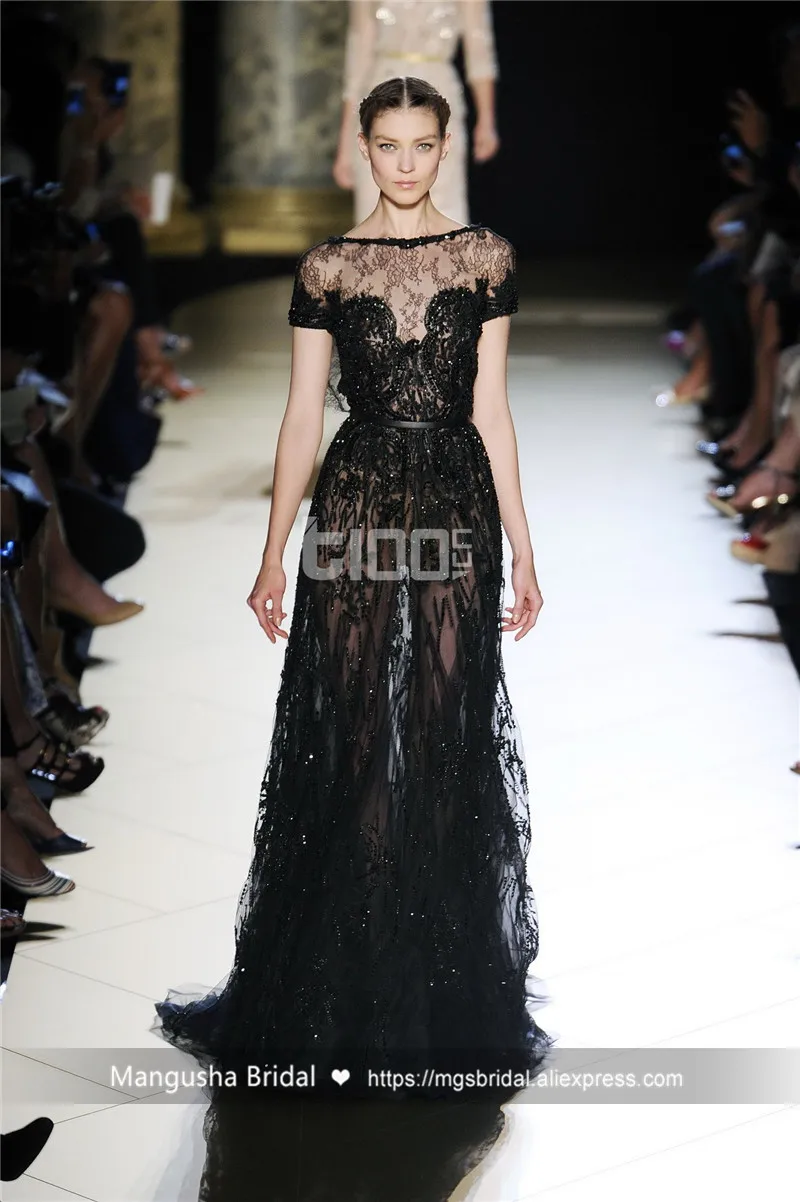 2017 Новый Дизайн Вечернее Платье Роскошь Бисером Черный Тюль Длиной До Пола