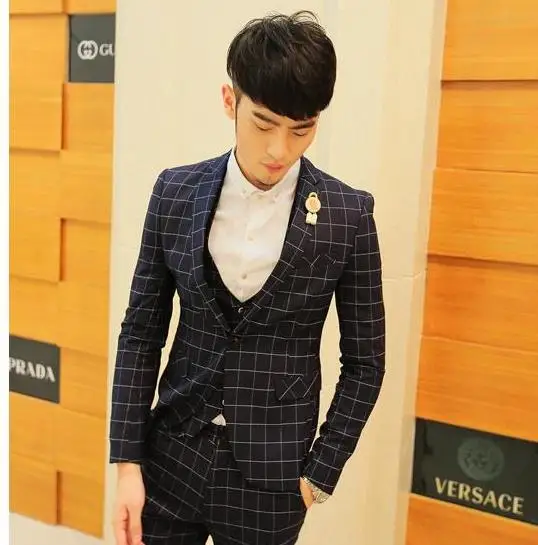 Весенняя коллекция года, маленький юный костюм, Мужская Корейская приталенная Мужская модная повседневная куртка, Мужская клетчатая куртка - Цвет: Черный