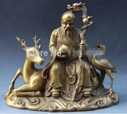 

B0602 Chinese Feng shui copper Brass God of Longevity Life Star On Deer Peach Statue