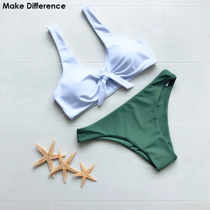 

Make Difference Brand Lycra Plain White Bikini Swimsuit 2018 Summer May Beachwear Women's Tie Knot Front Two Pieces Bathing Suit