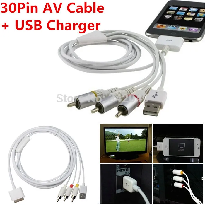 AV Video to TV Composite RCA Cable USB Charge for iPad iPod Touch iPhone 4S BE