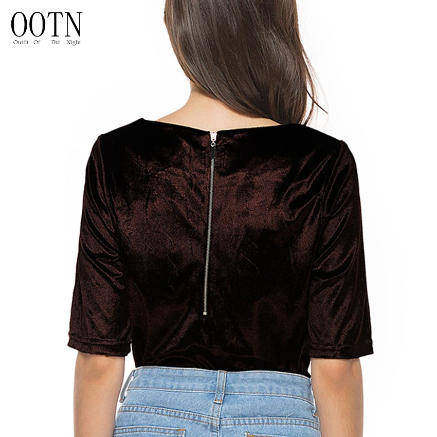 Buy OOTN Dark Brown T Shirt Cotton Velvet Women Zipper