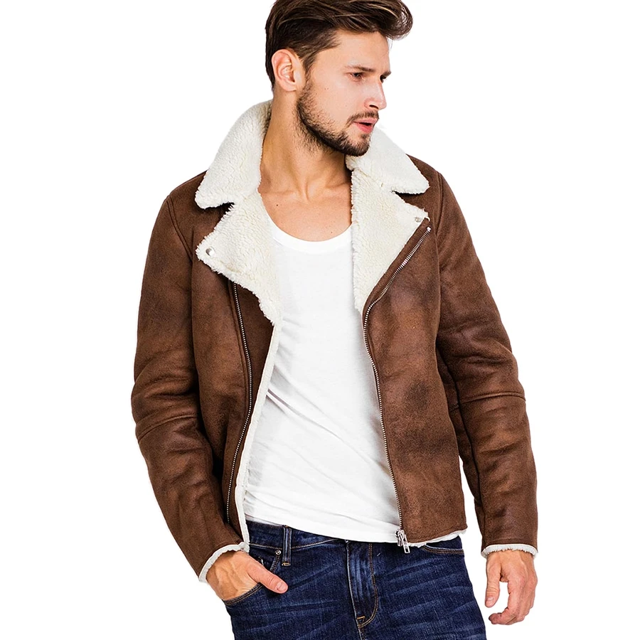 Faux Bontkraag Faux Leren Jas Mannen Winter Bruin Suede Jacket Fleece Warm Bomber Jassen Man Uitloper Pocket 3XL Side rits