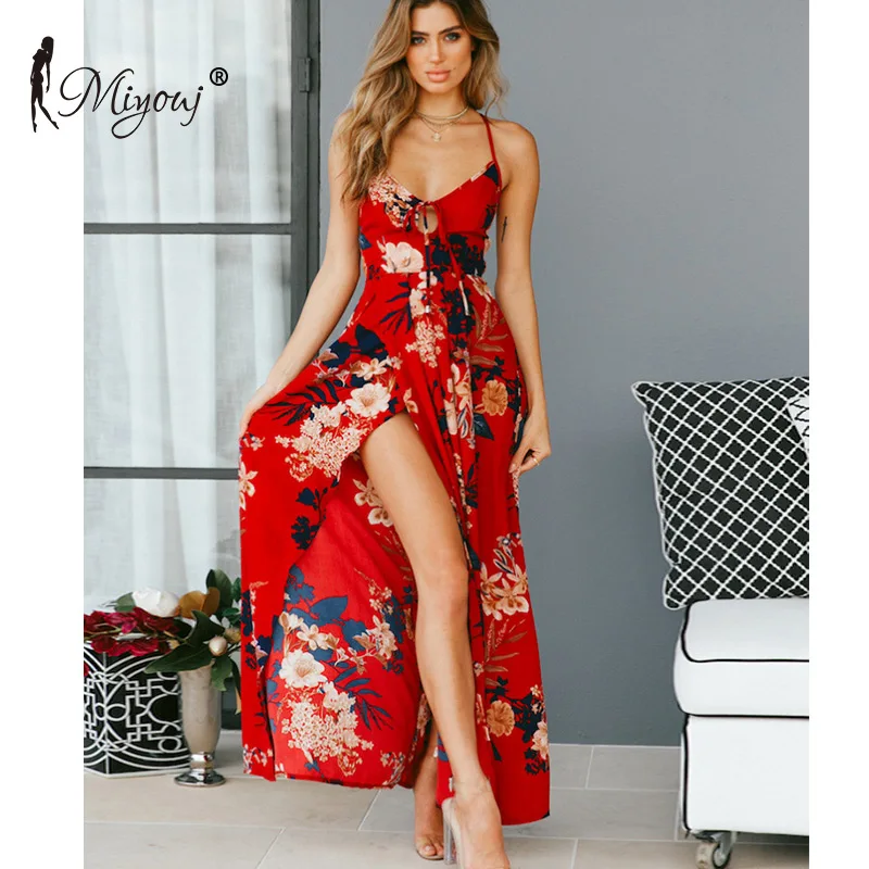 Miyouj длинное пляжное платье с цветочным принтом, женское сексуальное пляжное платье с лямкой на шее, Красное Платье макси с v-образным вырезом, раскол, Vestido De Praia, летний купальный костюм - Цвет: 01