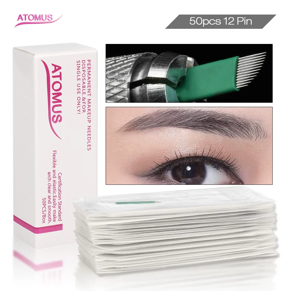 

50pcs Agujas Microblading Needles 12 Pin Laminas Tebori Permanent Makeup Manual Eyebrow Tattoo Curved Blades Needles Green Flexi