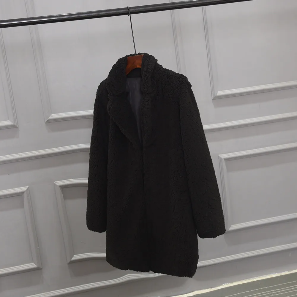 CHAMSGEND Женское пальто из искусственного меха зимнее однотонное пальто с длинным рукавом женское повседневное пальто с отложным воротником No8