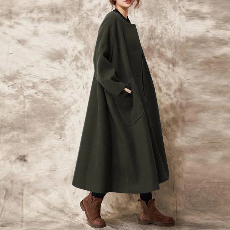 Осень ZANZEA винтажные женские длинные куртки женские повседневные однотонные пальто с пуговицами пальто-Кардиган с длинным рукавом Верхняя одежда размера плюс
