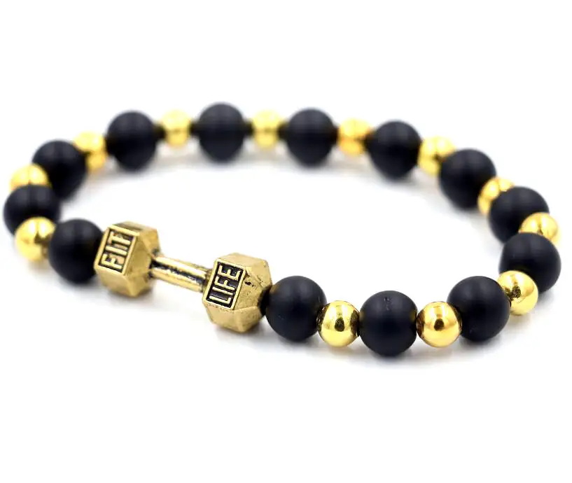 

BPPCCR Style matte Tiger eye stone Metal balls Antique Gold Jewelry Male Female Fit Life Dumbbell Beads Bracelets pulsera