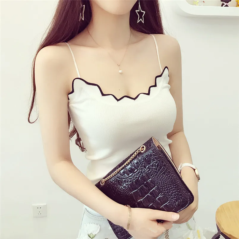 

2019 New Korean Knit Strap Camis Spring Summer Contrast Wavy Edged Female Short Sleeveless T-Shirt Stretch Vest Slim Tank Top