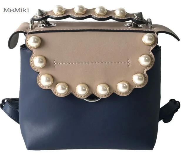 HOT 2017 women genuine leather panelled handbag rivets Pearls chains shoulder bag flap blingbling fashion mini bag 20cm