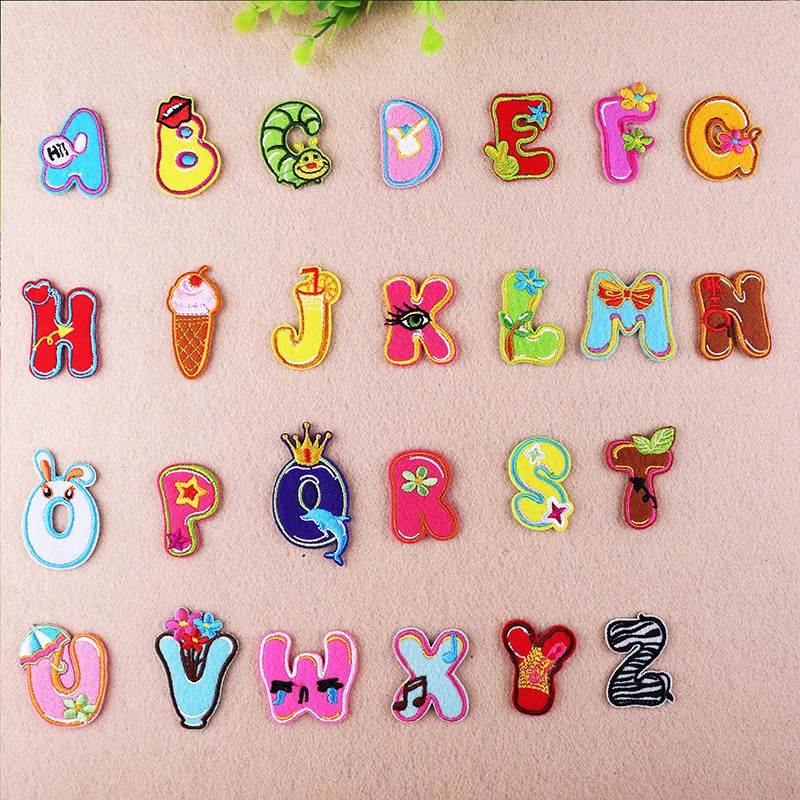 

Cartoon Color Cute Alphabet iron on Letter patch biker Applique patches for clothing Baby cloth Sticker Embroidery name patch