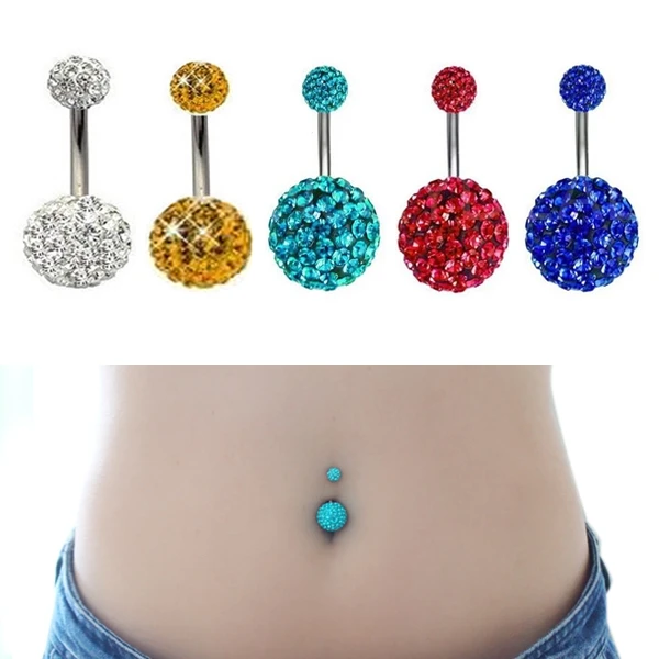 New Arrival Unisex Rhinestone Ball shaped Bar Ring Navel Belly Button for Body Piercing