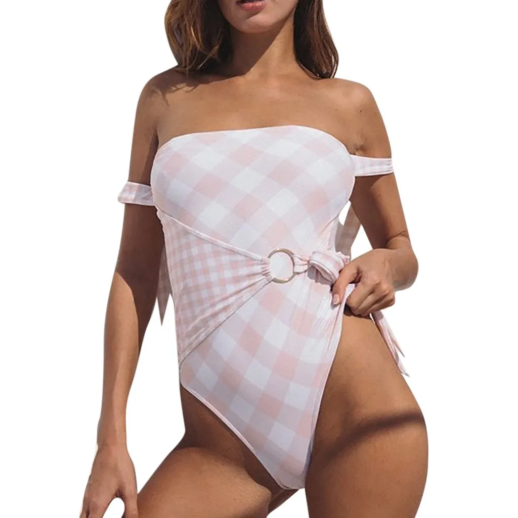 

SAGACE Off Shoulder Bandage One Pieces Pink Checkered Suit Swimsuit Sports Strapless Beach Wear New 2019 Summer Bikini