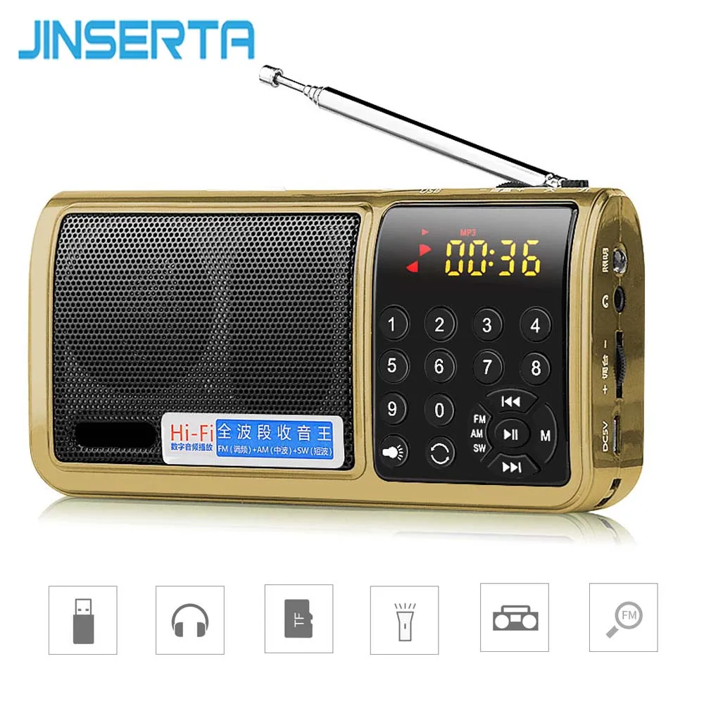 

JINSERTA Mini FM/AM/SW World Band Radio Receiver MP3 Player with Flashlight Support TF Card/U Disk Play Rechargeable Battery