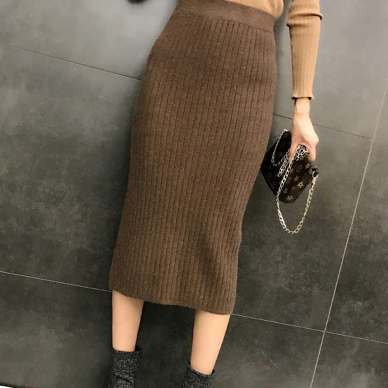 2019 Autumn Winter Womens Maxi Long Skirts Lady High Split Knitted