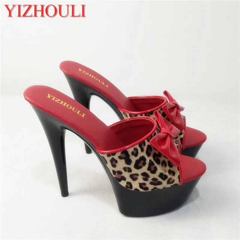 

New custom-made, bowknot leopard print high-heeled shoes, 15cm sexy model runway shoes, pole Slippers