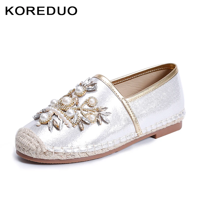 

KOREDUO spring women loafers cane hemp straw fisherman flat heel shoes Crystal faux pearl espadrilles woman slip on flats msw